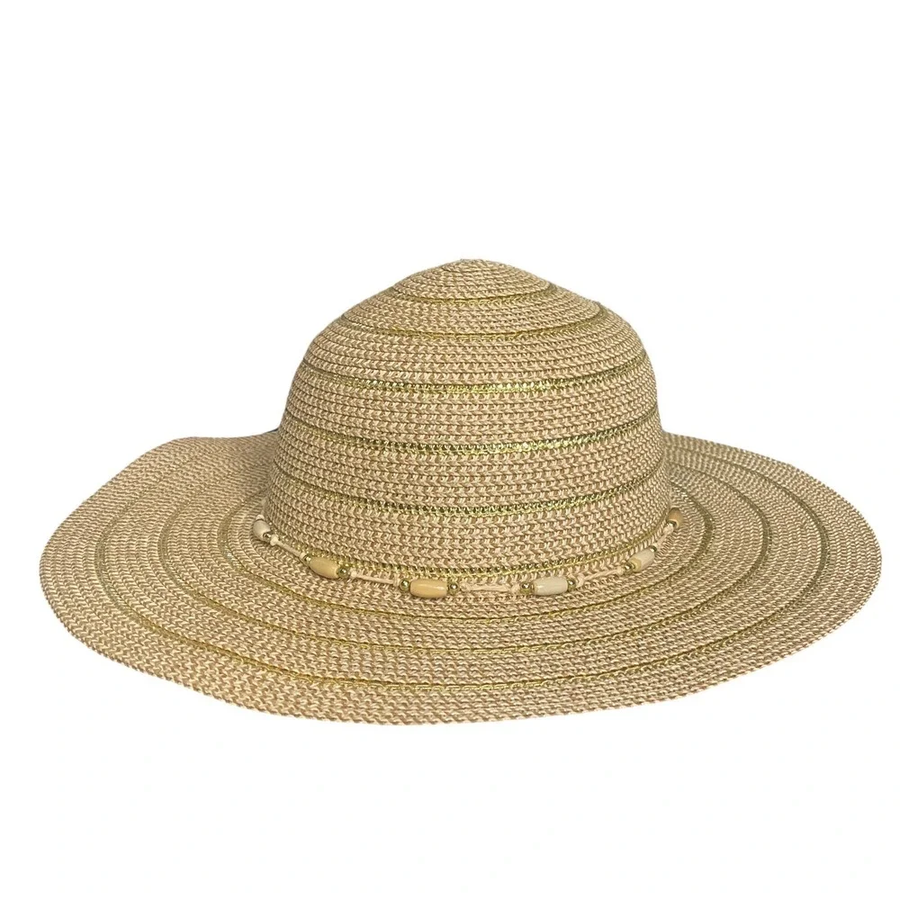 Chico's Straw Sun Hat Womens Beige Gold Woven Wide‎ Brim Beach Summer Travel